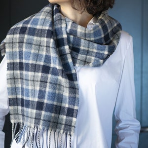 Wool Scarf Grey Black Check Vintage. Plaid shawl Italian Wool. Unisex Fashion Scarf Christmas gift. Classic Gray Wool Shawl Women Men Teens