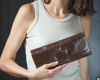 Vintage Lizard Skin Leather Formal Clutch Purse. Dark Brown Evening Pouch Envelope. Lizard Clutch Bag Retro. Minimal Phone leather case