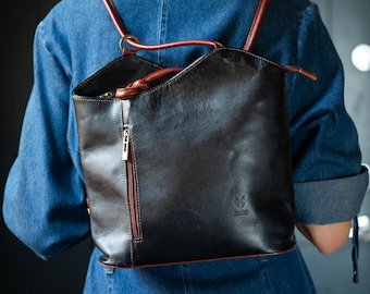 Echtes Leder Rucksack für Frauen Schwarz Tan Braune Schultertasche. Italienischer minimalistischer Rucksack für Mädchen. Daypack Buch Tasche Europa Mode Geschenk