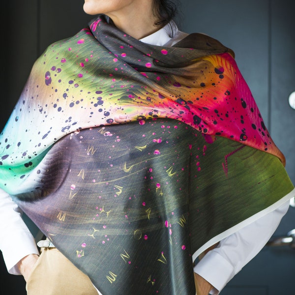 Space Fantasy Galaxy pattern scarf silk blend. Rainbow shade women shawl vintage. Abstract expressionism silk scarf gift women 80s fashion