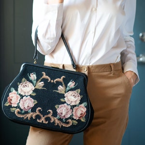 Needlepoint Framed Bag Flowers Embroidery Vintage Black Purse for Women. Boho Handbag Top Handle Purse Retro Fashion. Chic Bag Handmade Love