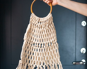 Vintage 70s Macrame Tote Bag with Wooden Handles