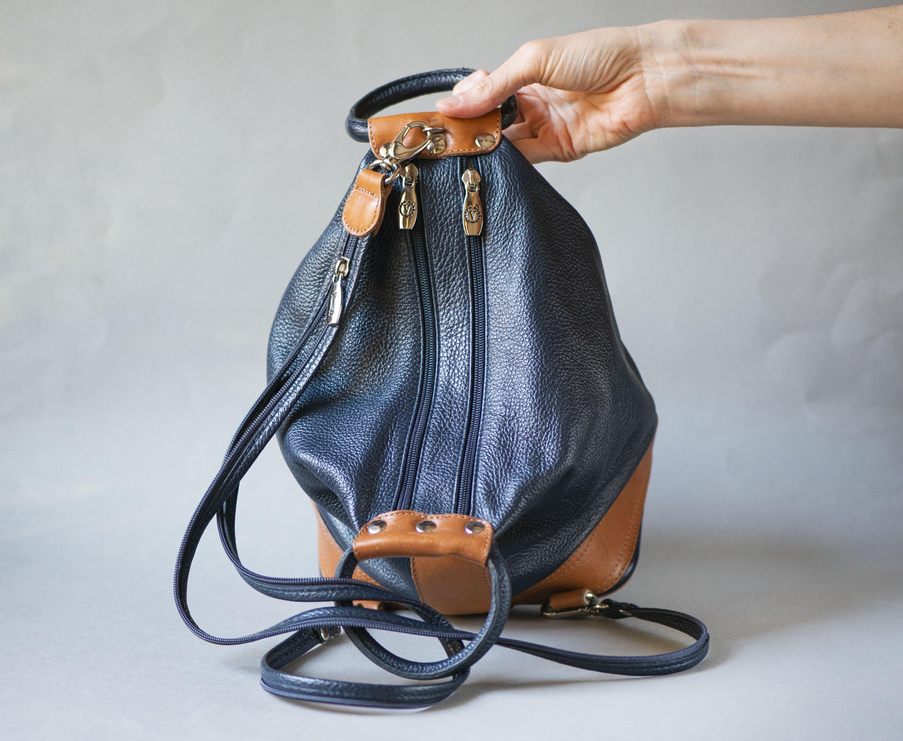 Valentina Italian Navy Blue Pebbled Leather Backpack Tan Trim Gold Hardware NWT Valentina Italian black leather | Mercari main image 2