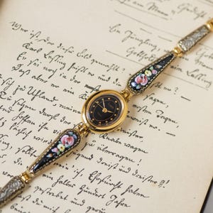 Dainty boho cocktail watch women black gold shade RAY. Vintage oval quartz party watch gift. Floral bracelet tiny. Lady elegant jewellery