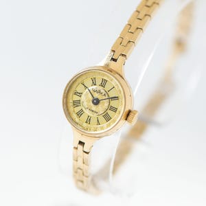 Women&#39;s cocktail wristwatch 90s gold plated gift CHAIKA. Tiny bracelet watch lady jewelry vintage serviced Roman numerals party accessory