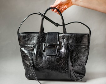 Tod's double T genuine leather women's handbag black glossy leather  shopping bag, luxury fashion handbag roomy shoulder bag gift Italy made