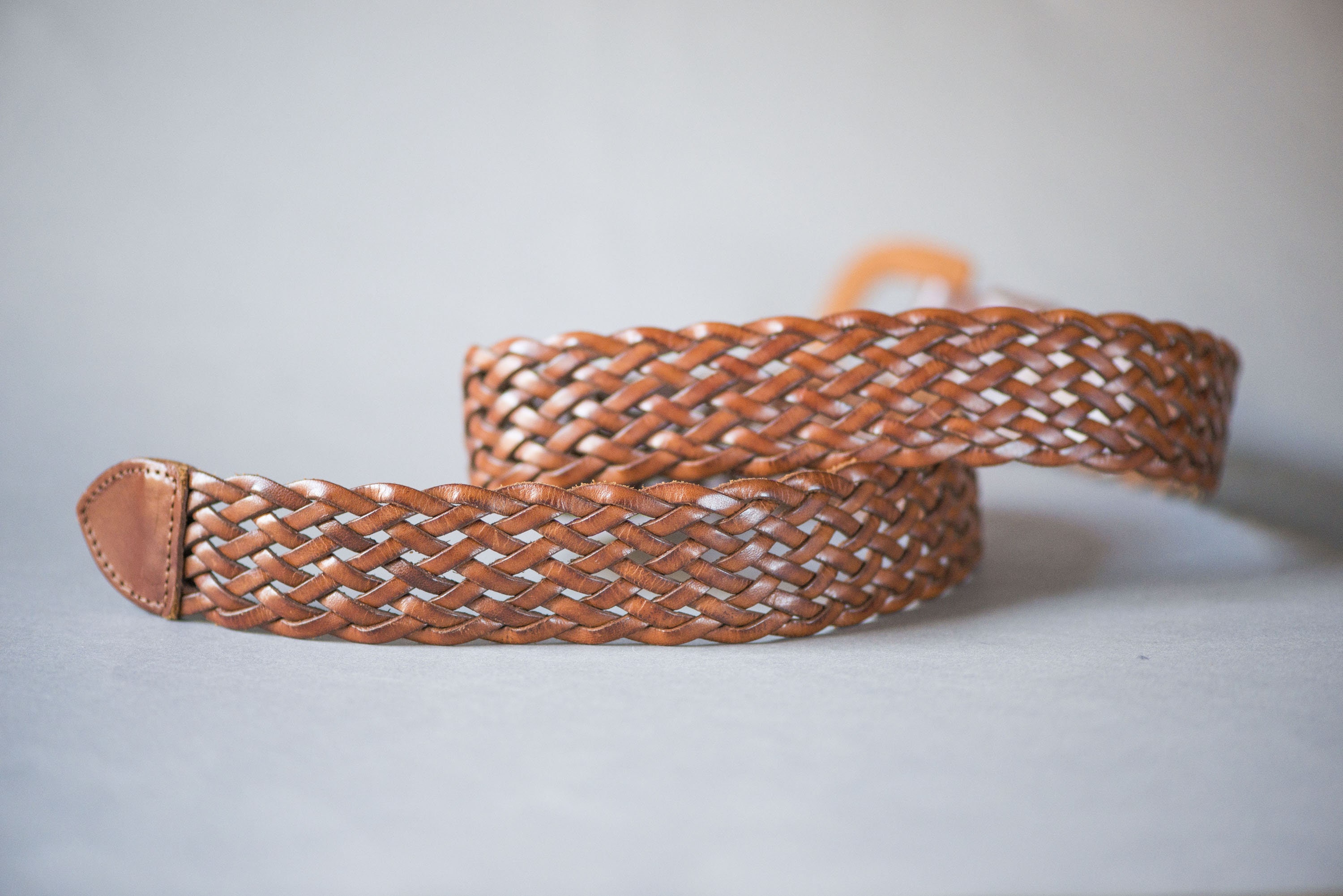 Vintage Brown Tan Genuine Leather boho Hippie Retro woven Belt 70s 80s Wide Brown Tan Leather Cotton Rope Woven Belt  main image 2