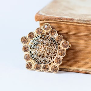Vintage Filigree Brooch: Gold Tone Rhinestone Pin, Czech Jewelry