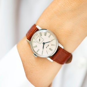 Tomboy wristwatch vintage ZIM. Oversized women watch classic silver shade. Boyfriends watch gift accessory. New premium leather strap new image 2