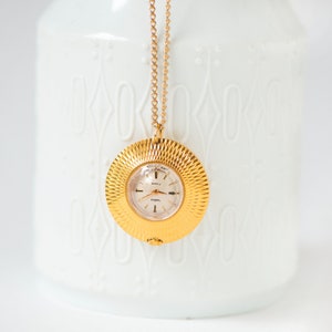 Watch pendant for women CHAIKA vintage. Gold plated watch on neck. Retro jewelry necklace watch gift women. Sunburst case round watch neck image 4