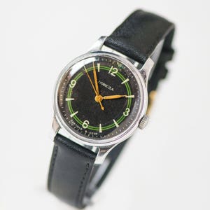 Vintage men watch Pobeda. Black face men watch minimalist. Mid century boyfriend&#39;s watch gift. Classic gent watch. Premium leather strap new