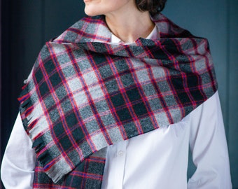 Vintage Lambswool Scarf: Grey Red Plaid Shawl, Made in Scotland