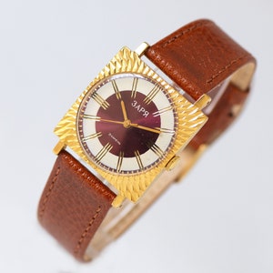 Vintage ZARIA Women&#39;s Watch: Burgundy Sunburst Dial, Gold Plated, New Leather Strap