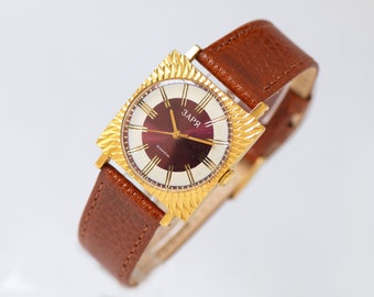 Vintage ZARIA Women's Watch: Burgundy Sunburst Dial, Gold Plated, New Leather Strap
