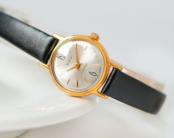 Gold plated Women's Watch Slava, vintage round case watch minimalist gift, genuine leather band