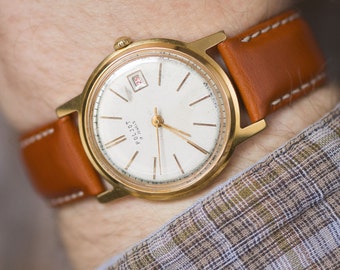 Collectable men watch Poljot gold plated AU 20 men watch dress watch him minimal elegant men wristwatch new premium leather strap
