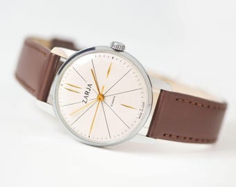 Unused women watch vintage ZARIA, classic minimalist silver shade wristwatch accessory,  retro fashion genuine leather band new