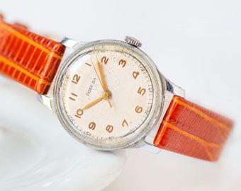Mid century men wristwatch  Pobeda Silver shade classic case Mechanical movement Watch with Leather Strap