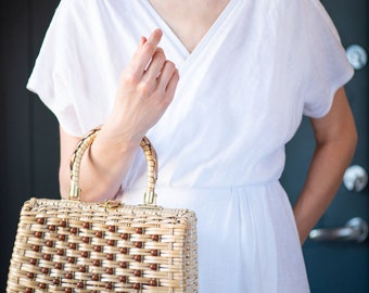 Vintage Beaded Straw Handbag: 90s Handmade Top Handle Purse