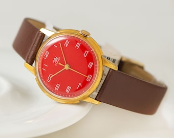 Vintage ZARIA Women's Watch: Red Gold Plated, USSR Made, New Leather Band