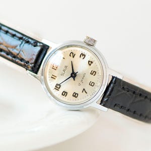 Watch for women small round silver shade SLAVA, gift her rare watch vintage Arabic numerals dial classic  watch, premium leather strap new