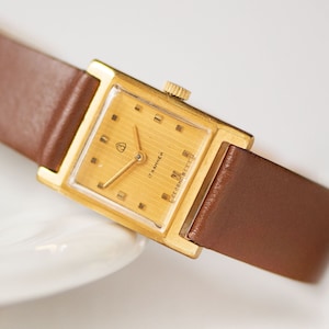 Women watch square vintage ZARIA. Yellow dial wristwatch for lady minimalist. Modern timepiece 80s fashion woman. New genuine leather band