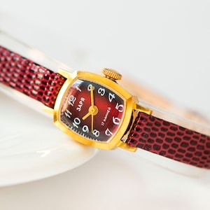 Vintage Zaria Women&#39;s Watch: Gold Plated, Burgundy Dial, New Leather Strap