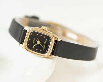 Women quartz watch tiny black rectangular case CHAIKA, vintage wristwatch super small, leather strap new