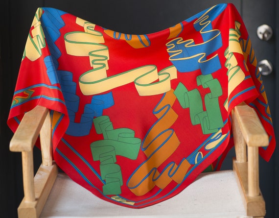 Ribbons pattern silk scarf color Block. 90s pure … - image 2