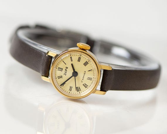 Cute women watch small round case ZARIA, gold plated vintage wristwatch for girl, beige dial Roman numerals, premium leather strap