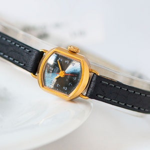 Women watch vintage black gold plated ZARIA. Tiny rectangular lady wristwatch gift. Classic wristwatch delicate. New premium leather strap