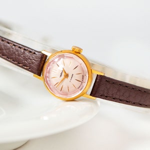 Dainty women watch CHAIKA vintage gold plated chic. Smallest wrist watch minimalist dial lady timepiece gift. New premium leather strap