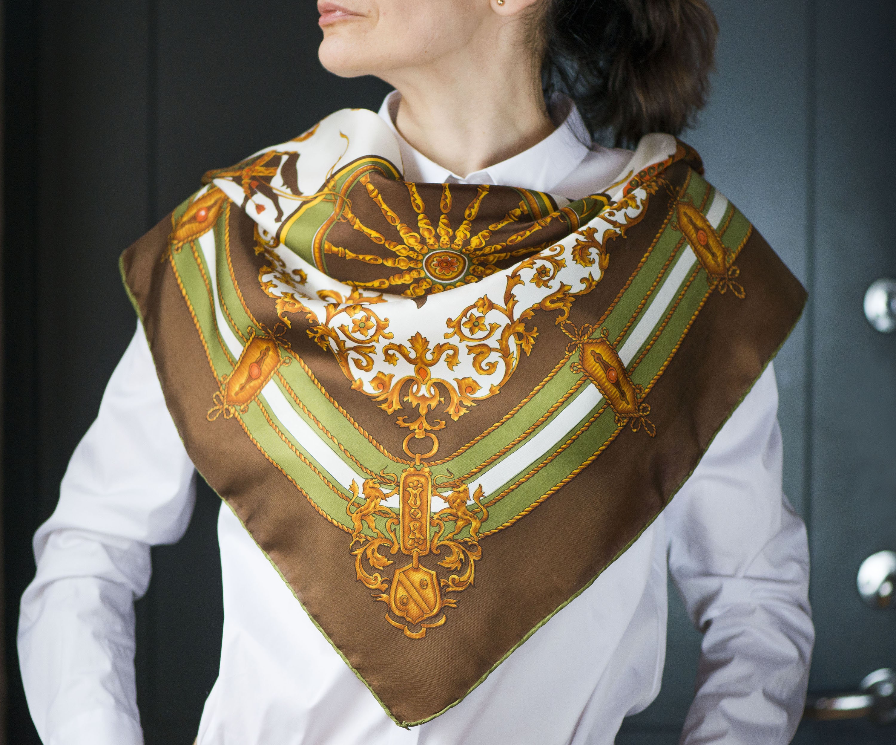 Vintage Royal print equestrian Scarf. Pure silk women Scarf. Etsy