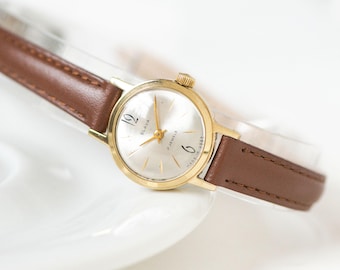 Vintage authentic Ladies Watch SLAVA: Gold Plated, Arabic Numerals, Classic round case, genuine Leather Strap