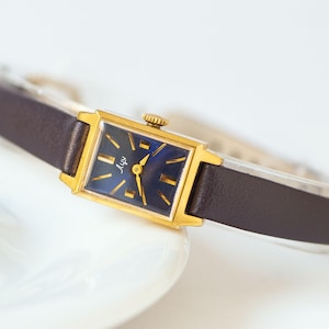Gold plated tank watch for women RAY, navy blue dial minimalist gift lady, wrist accessory vintage watch, luxury leather strap new