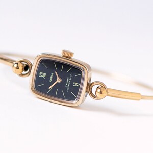 Dainty cocktail wristwatch women CHAIKA vintage. Gold plated lady watch jewelry gift. Delicate black women watch chic accessory wristwatch image 4