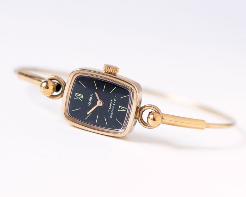 Dainty cocktail wristwatch women CHAIKA vintage. Gold plated lady watch jewelry gift. Delicate black women watch chic accessory wristwatch image 4