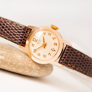 Vintage Slava Women&#39;s Watch: Gold Shade Case, New Leather Band, USSR 1960s