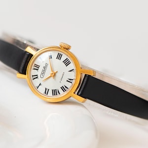 Women watch gold plated SLAVA vintage gift, Roman numerals dial jewelry watch gift for women small wrist watch, luxury leather strap new