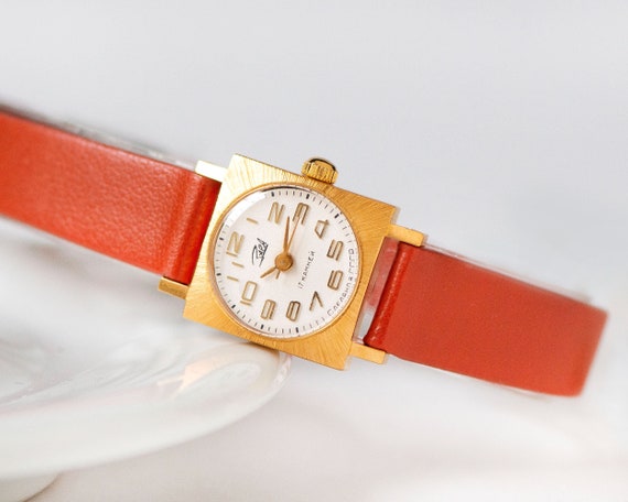 Gold plated lady watch square ZARIA unused vintag… - image 1