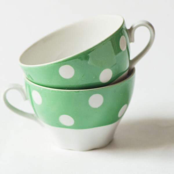 Vintage cups set 2 - polka dot cups fern green – tea cups porcelain couple gift – coffee cups breakfast - cute tea cups Bday gift vintage