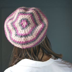 Vintage Wool Mohair Beret: French Style Pink Rose Grey, Size S