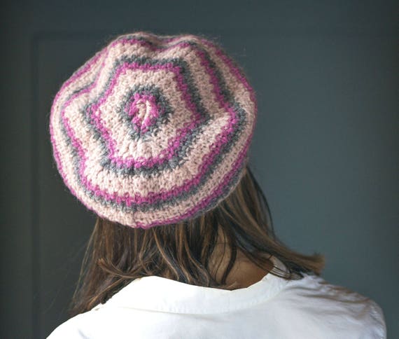 Vintage French Style Beret Pink Rose Grey. Wool an