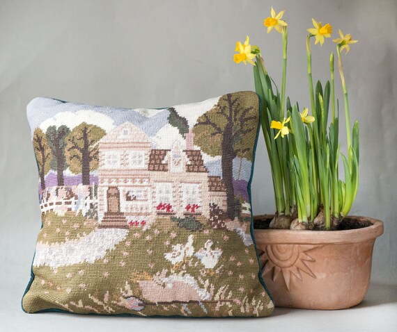 Vintage Cross Stitch Pillow Cover: Handmade German Country Home Decor