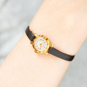 Women cocktail watch CHAIKA limited edition tiny jewelry. Vintage gold plated Arabic numerals dial timepiece gift. Premium leather strap new