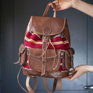 Boho Genuine Leather Textile Backpack Unisex Brown Shoulder  display picture 1