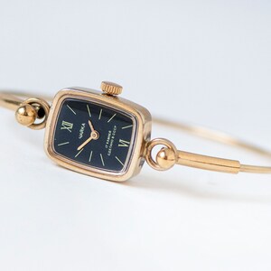 Dainty cocktail wristwatch women CHAIKA vintage. Gold plated lady watch jewelry gift. Delicate black women watch chic accessory wristwatch image 6