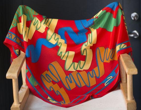 Ribbons pattern silk scarf color Block. 90s pure … - image 3