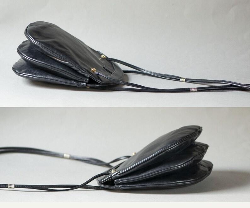 Bolso de hombro pequeño vintage de piel suave negra para fashionistas, bolso minimalista de los 90 con correas largas y 3 compartimentos. imagen 8