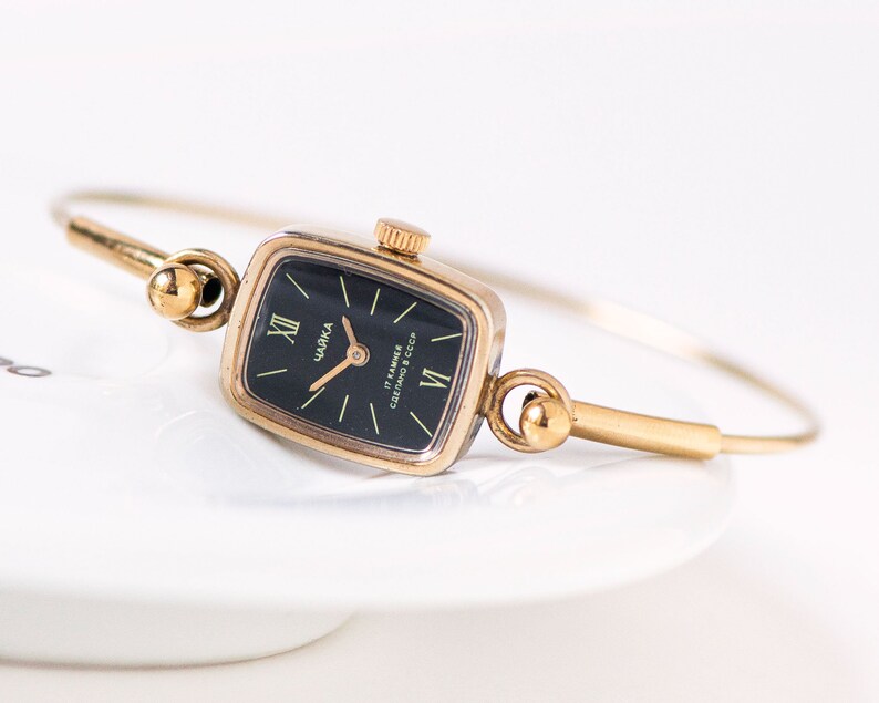 Dainty cocktail wristwatch women CHAIKA vintage. Gold plated lady watch jewelry gift. Delicate black women watch chic accessory wristwatch image 1